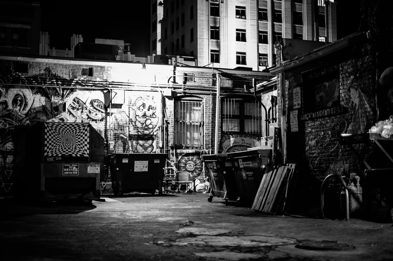 Black and white of screen with pattern near aged forgotten buildings with street art